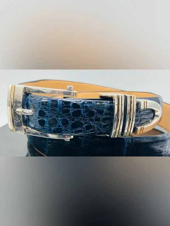 SADDLEBAGS Scottsdale, AZ 14K Gold & .925 Sterling Silver Buckle Alligator Belt - Picture 2 of 10